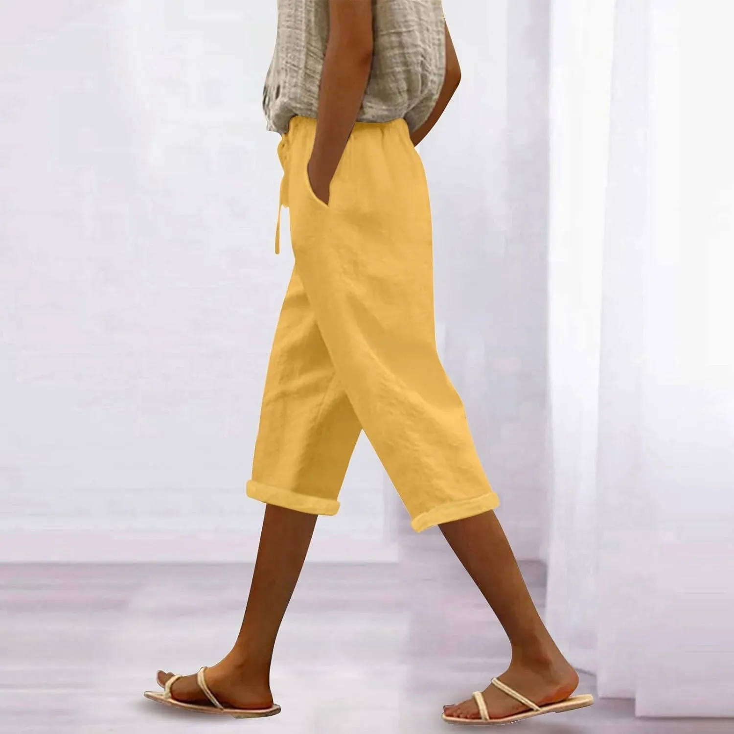 Linen Capri Pants for Women Summer High Waisted Drawstring Pant Comfy Soft Trousers Casual Resort Wear Beach Clothes