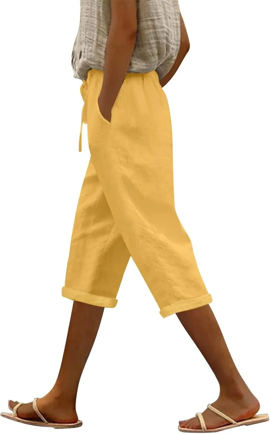Linen Capri Pants for Women Summer High Waisted Drawstring Pant Comfy Soft Trousers Casual Resort Wear Beach Clothes