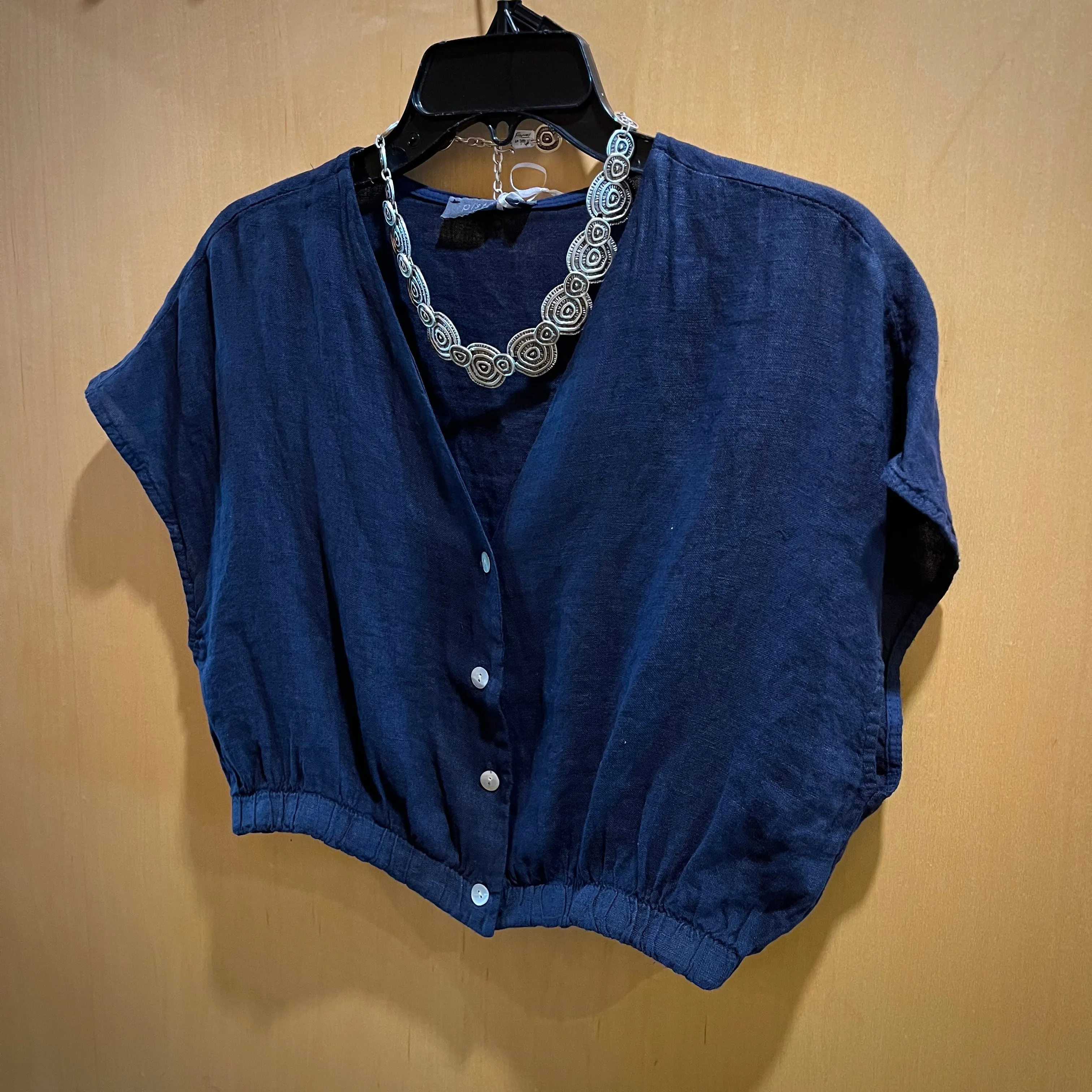 Linen Crop Top w/ Elastic Bottom - Navy