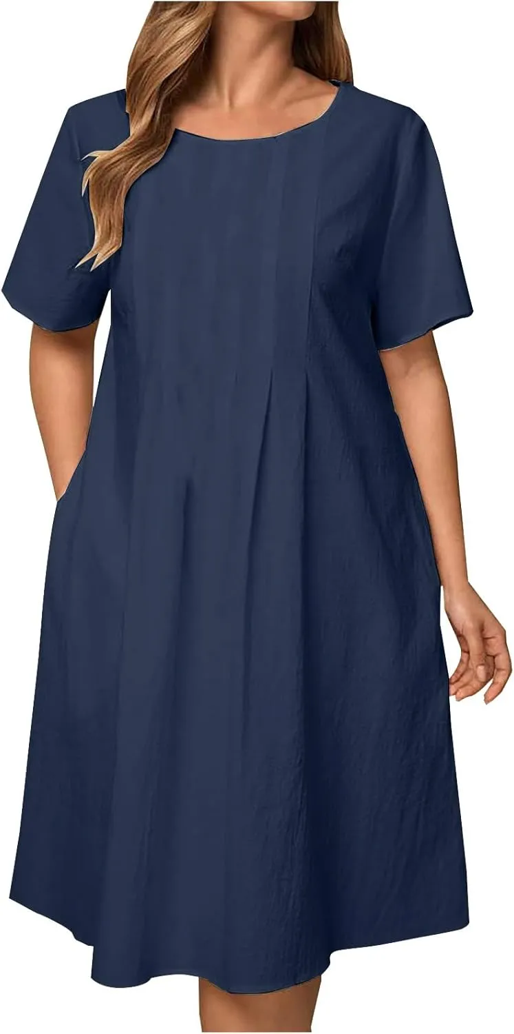 Linen Dresses for Women 2025 Soft Crewneck Short Sleeve Soft Sundresses Basic Solid Cotton Boho Summer Outfits
