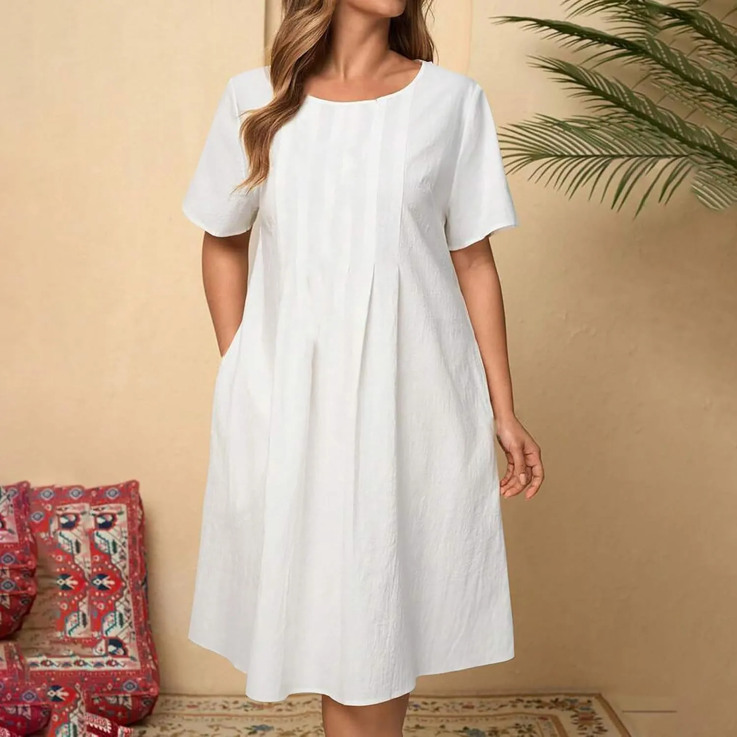 Linen Dresses for Women 2025 Soft Crewneck Short Sleeve Soft Sundresses Basic Solid Cotton Boho Summer Outfits