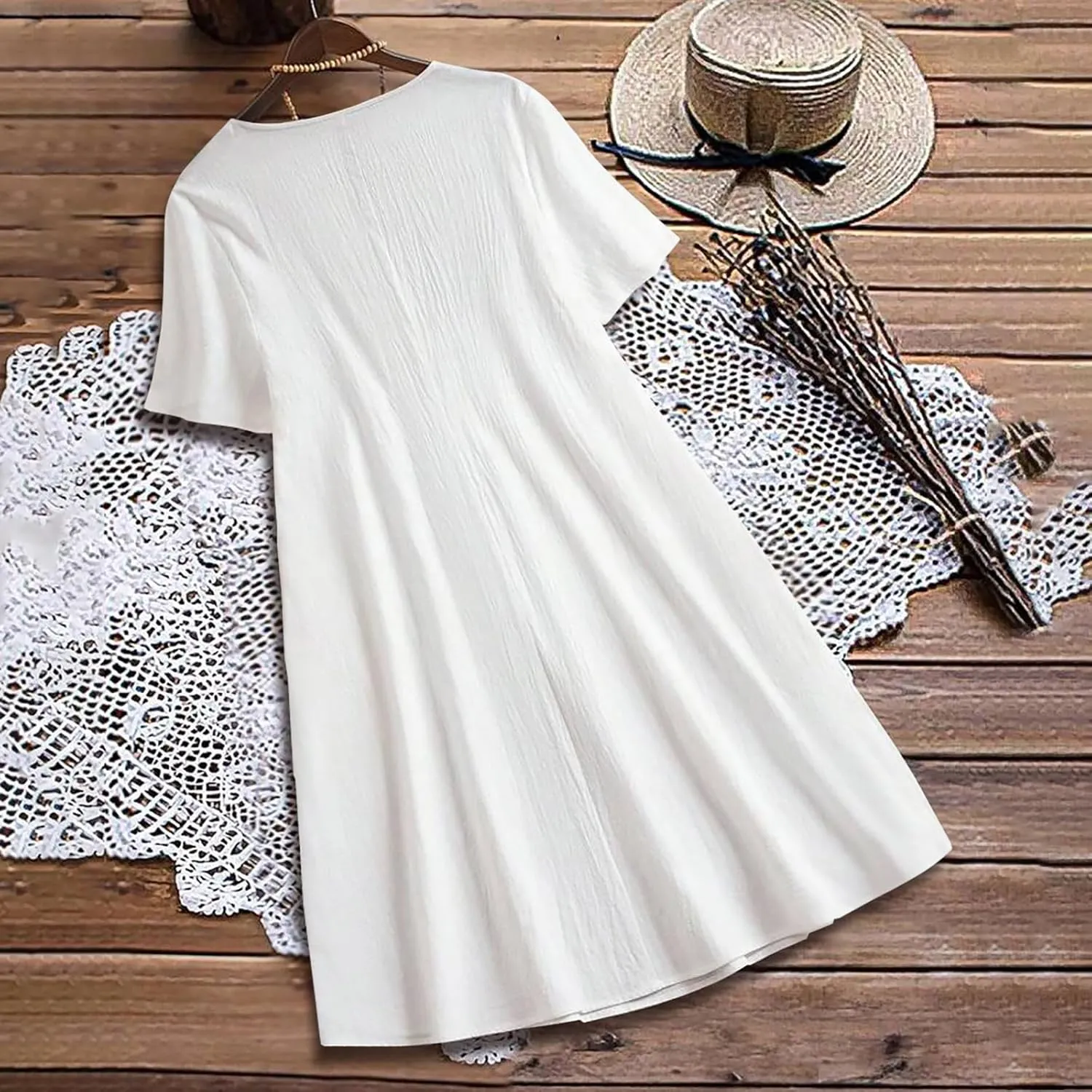 Linen Dresses for Women 2025 Soft Crewneck Short Sleeve Soft Sundresses Basic Solid Cotton Boho Summer Outfits
