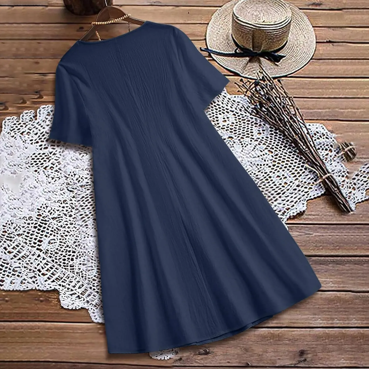 Linen Dresses for Women 2025 Soft Crewneck Short Sleeve Soft Sundresses Basic Solid Cotton Boho Summer Outfits
