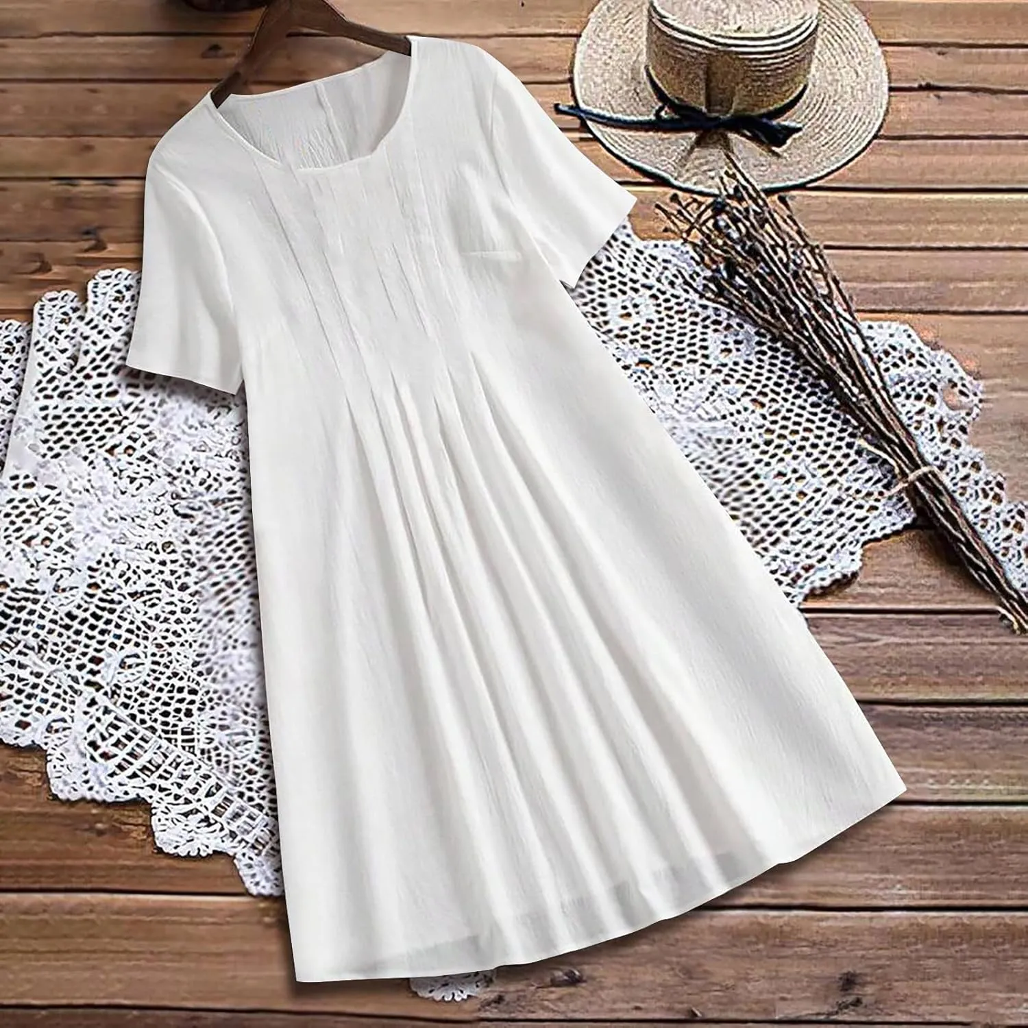 Linen Dresses for Women 2025 Soft Crewneck Short Sleeve Soft Sundresses Basic Solid Cotton Boho Summer Outfits