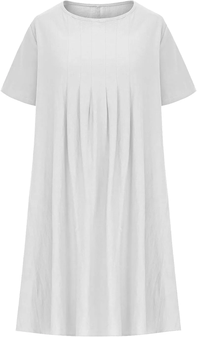 Linen Dresses for Women 2025 Soft Crewneck Short Sleeve Soft Sundresses Basic Solid Cotton Boho Summer Outfits