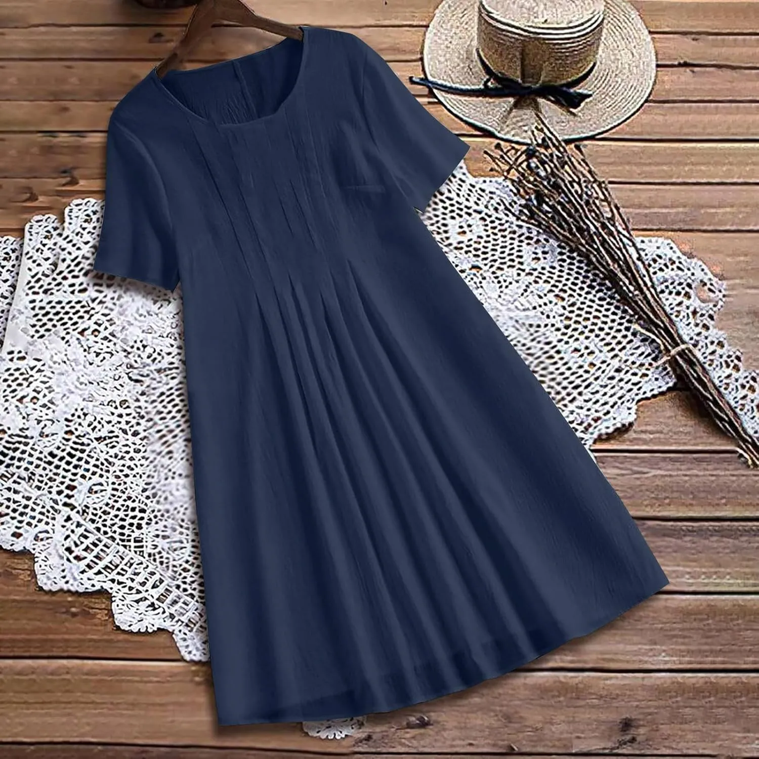 Linen Dresses for Women 2025 Soft Crewneck Short Sleeve Soft Sundresses Basic Solid Cotton Boho Summer Outfits