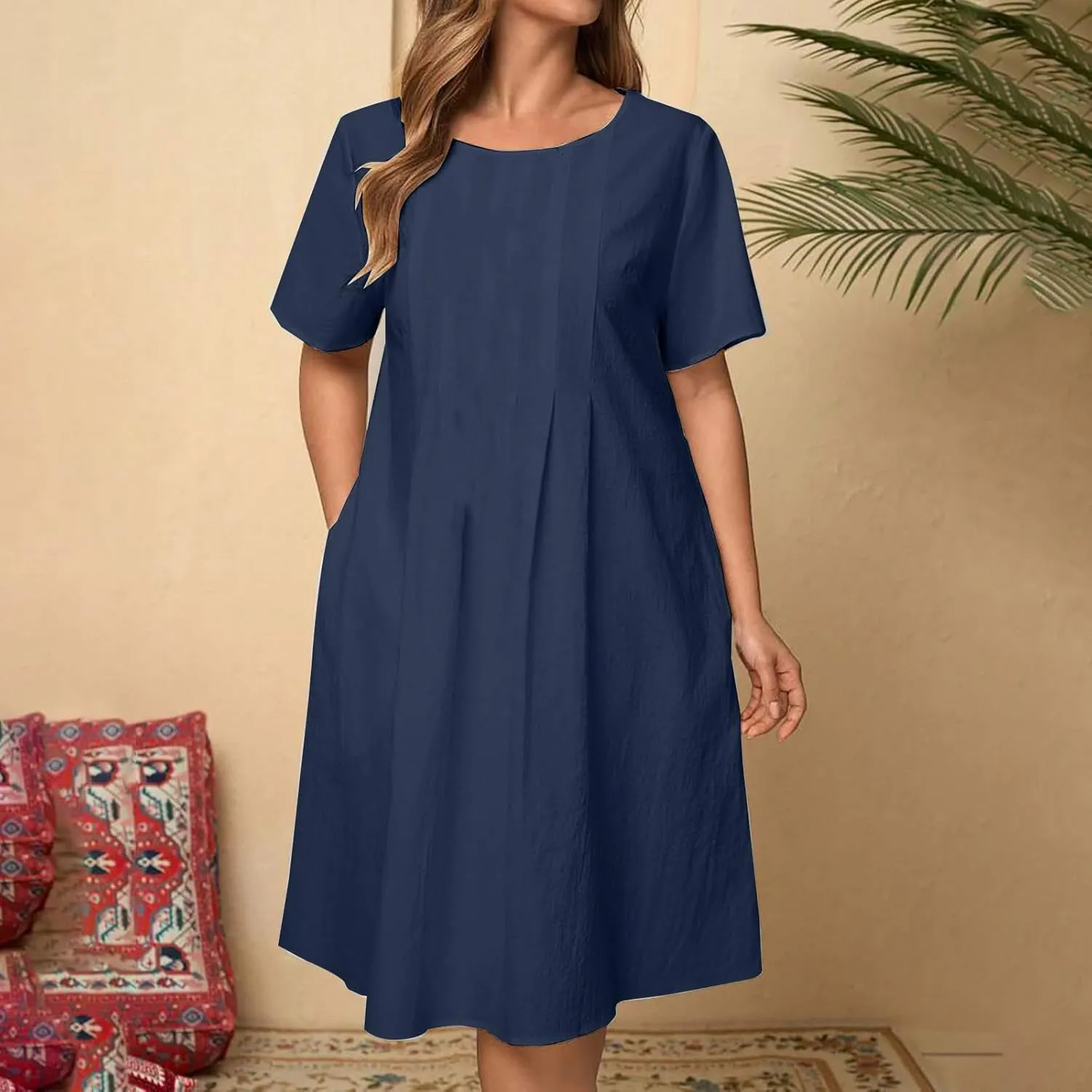 Linen Dresses for Women 2025 Soft Crewneck Short Sleeve Soft Sundresses Basic Solid Cotton Boho Summer Outfits