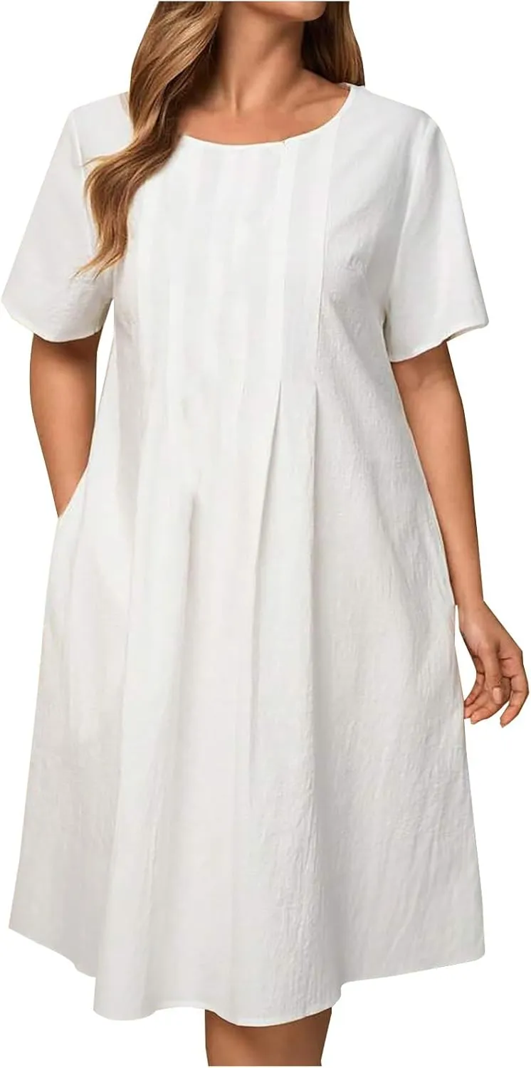 Linen Dresses for Women 2025 Soft Crewneck Short Sleeve Soft Sundresses Basic Solid Cotton Boho Summer Outfits