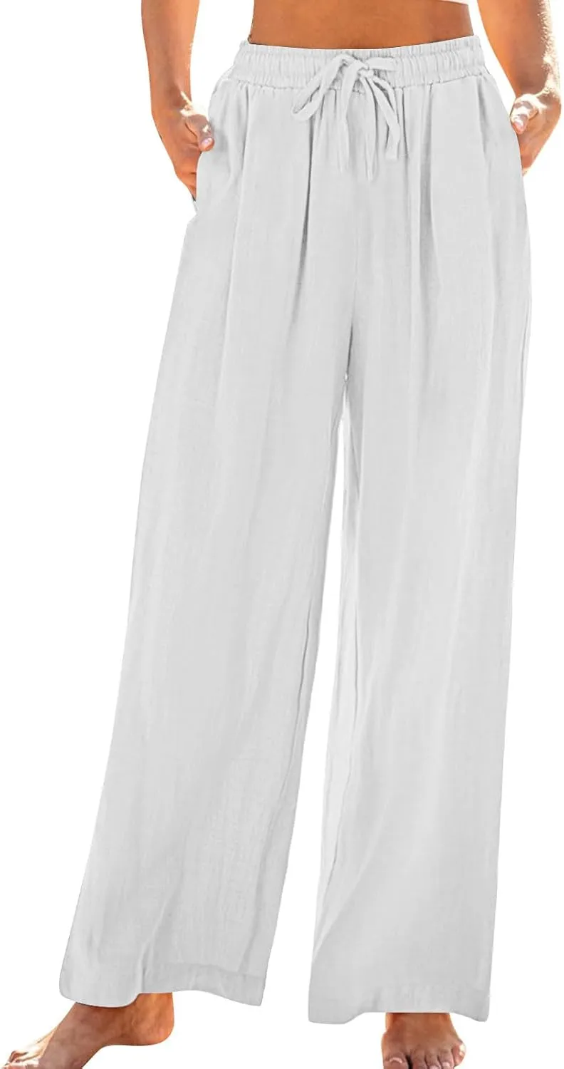 Linen Pants Women Elastic High Waisted Wide Leg Pants Soft Flowy Palazzo Lounge Trousers 2025 Trendy Summer Clothes