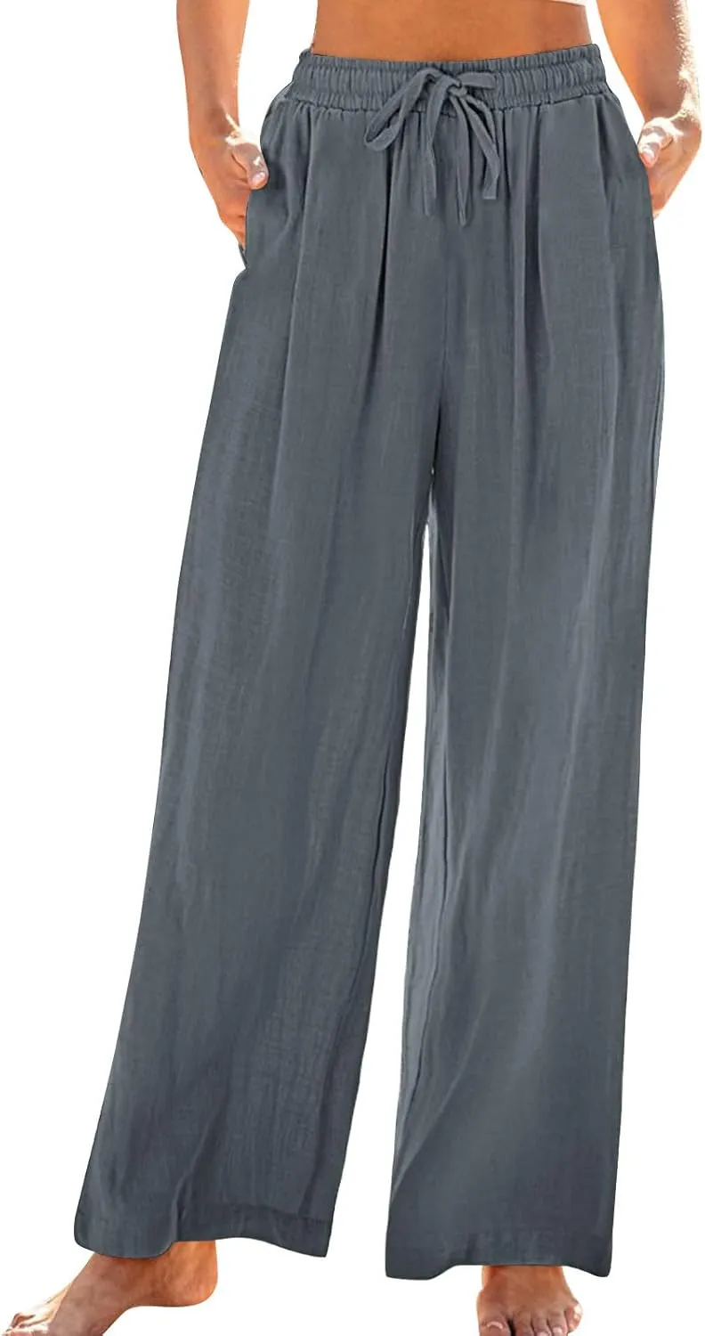 Linen Pants Women Elastic High Waisted Wide Leg Pants Soft Flowy Palazzo Lounge Trousers 2025 Trendy Summer Clothes