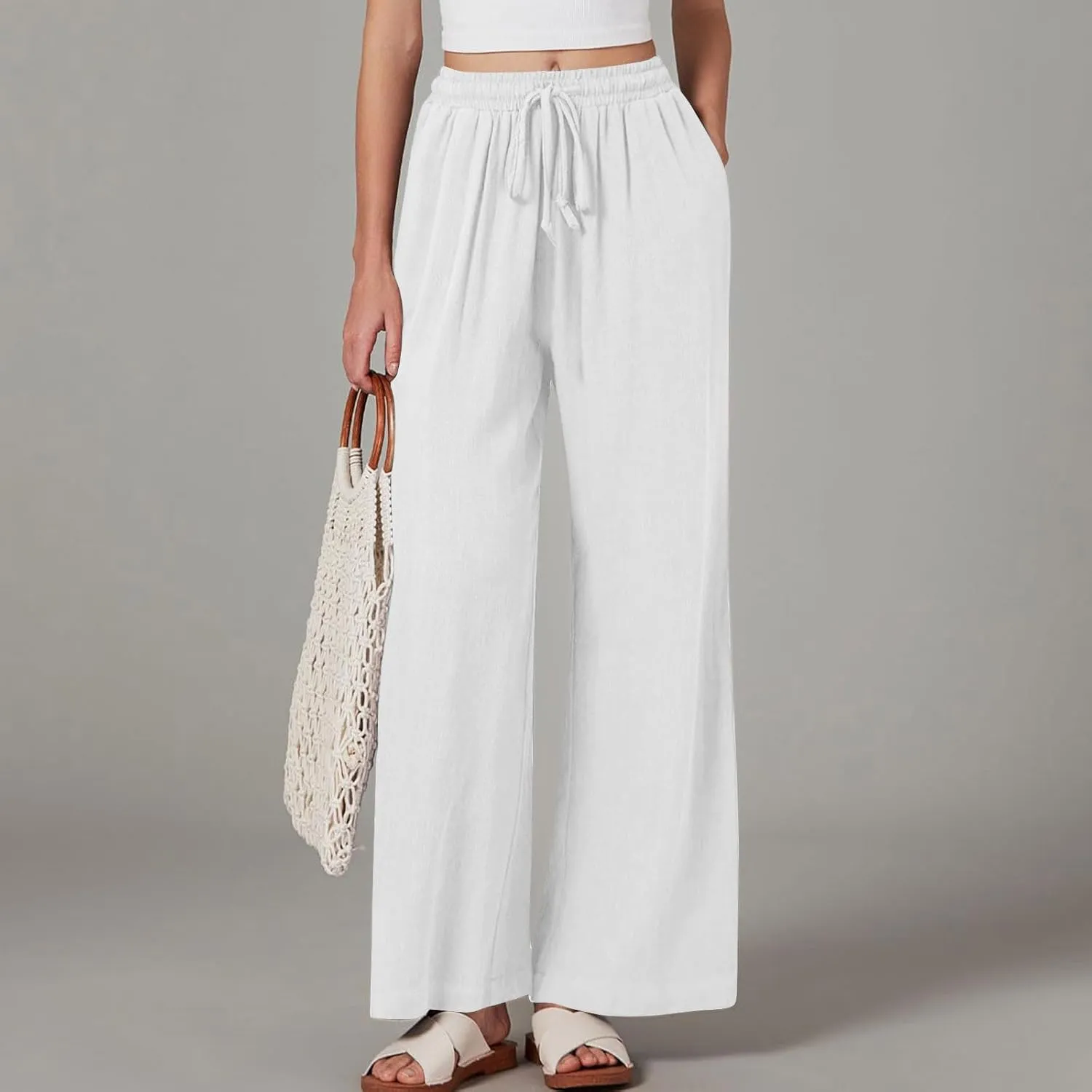 Linen Pants Women Elastic High Waisted Wide Leg Pants Soft Flowy Palazzo Lounge Trousers 2025 Trendy Summer Clothes