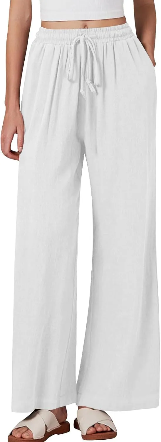 Linen Pants Women Elastic High Waisted Wide Leg Pants Soft Flowy Palazzo Lounge Trousers 2025 Trendy Summer Clothes