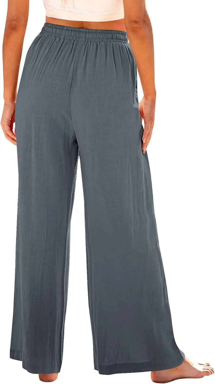Linen Pants Women Elastic High Waisted Wide Leg Pants Soft Flowy Palazzo Lounge Trousers 2025 Trendy Summer Clothes