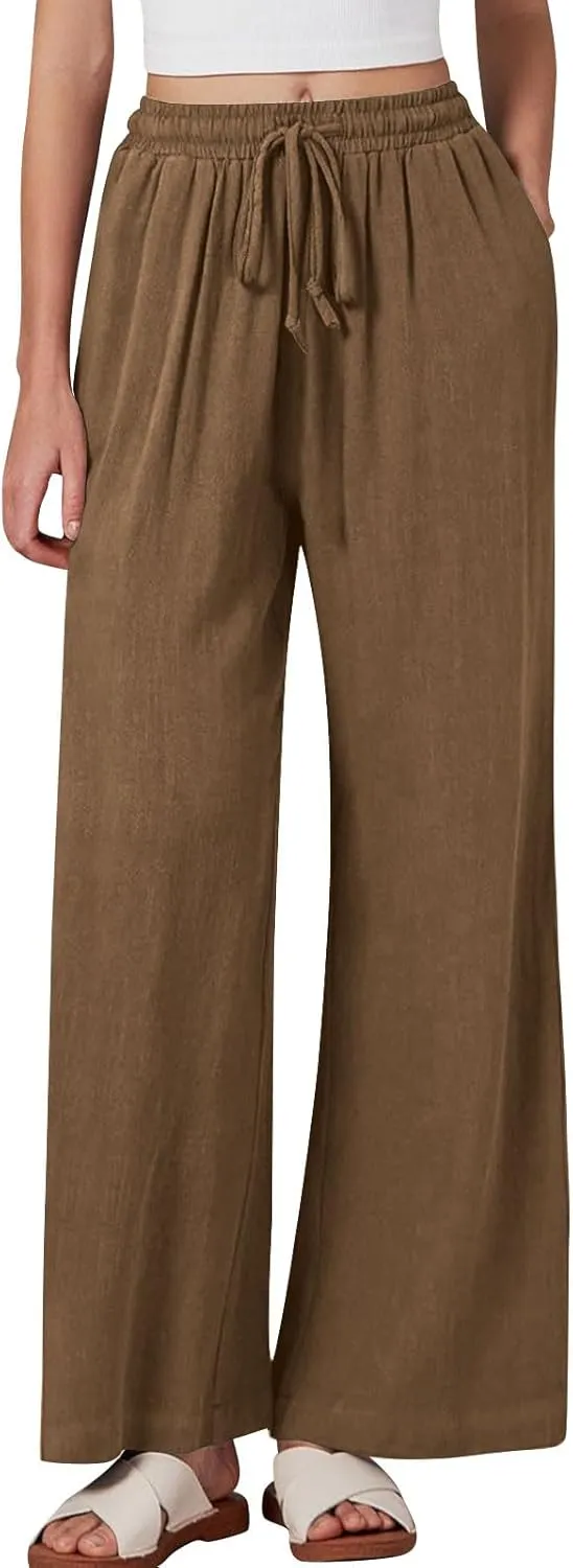 Linen Pants Women Elastic High Waisted Wide Leg Pants Soft Flowy Palazzo Lounge Trousers 2025 Trendy Summer Clothes