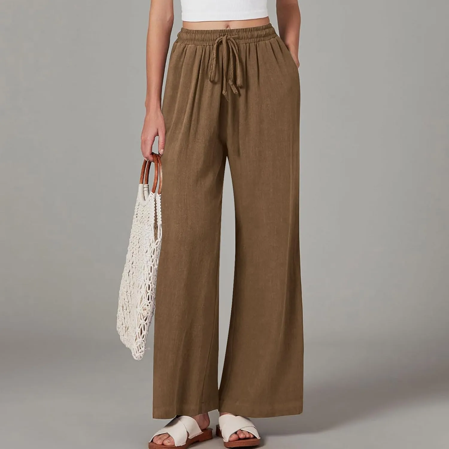 Linen Pants Women Elastic High Waisted Wide Leg Pants Soft Flowy Palazzo Lounge Trousers 2025 Trendy Summer Clothes