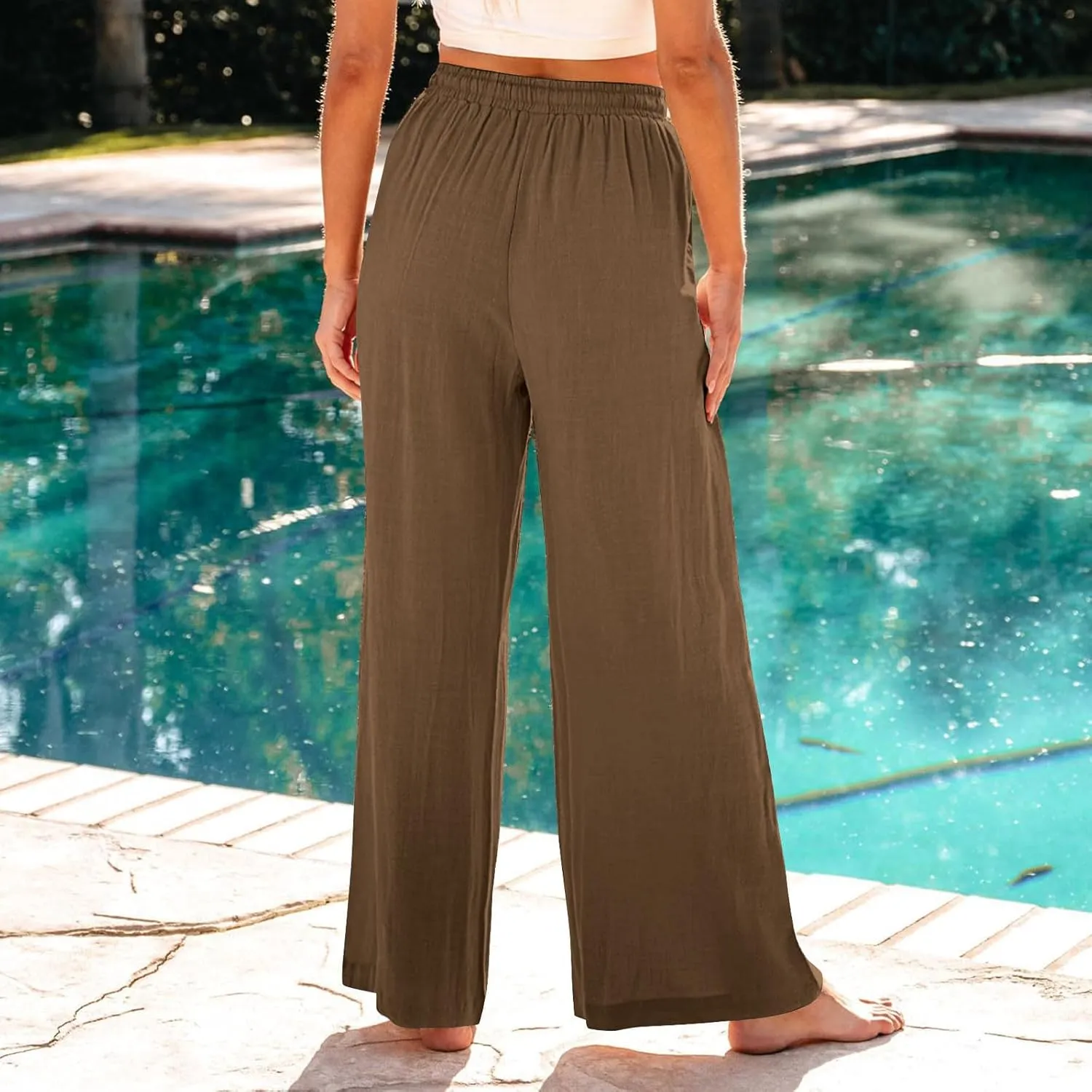 Linen Pants Women Elastic High Waisted Wide Leg Pants Soft Flowy Palazzo Lounge Trousers 2025 Trendy Summer Clothes