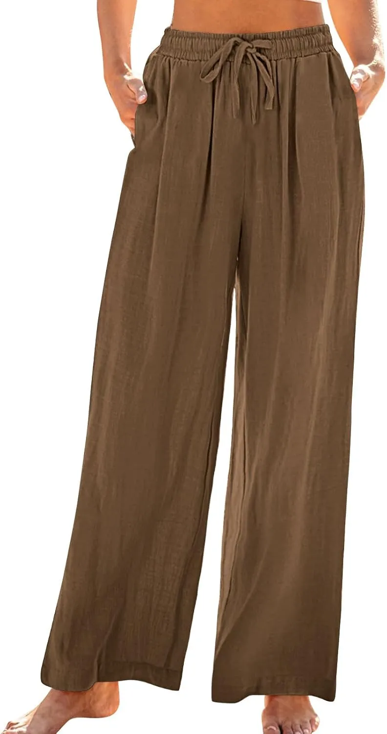 Linen Pants Women Elastic High Waisted Wide Leg Pants Soft Flowy Palazzo Lounge Trousers 2025 Trendy Summer Clothes