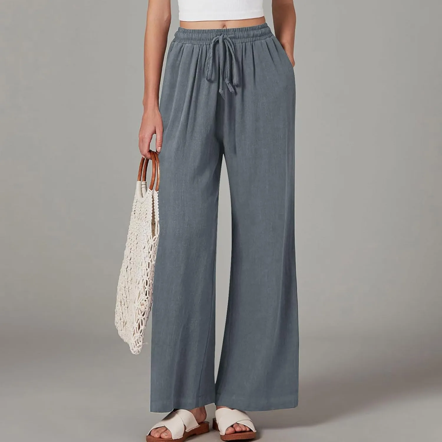 Linen Pants Women Elastic High Waisted Wide Leg Pants Soft Flowy Palazzo Lounge Trousers 2025 Trendy Summer Clothes