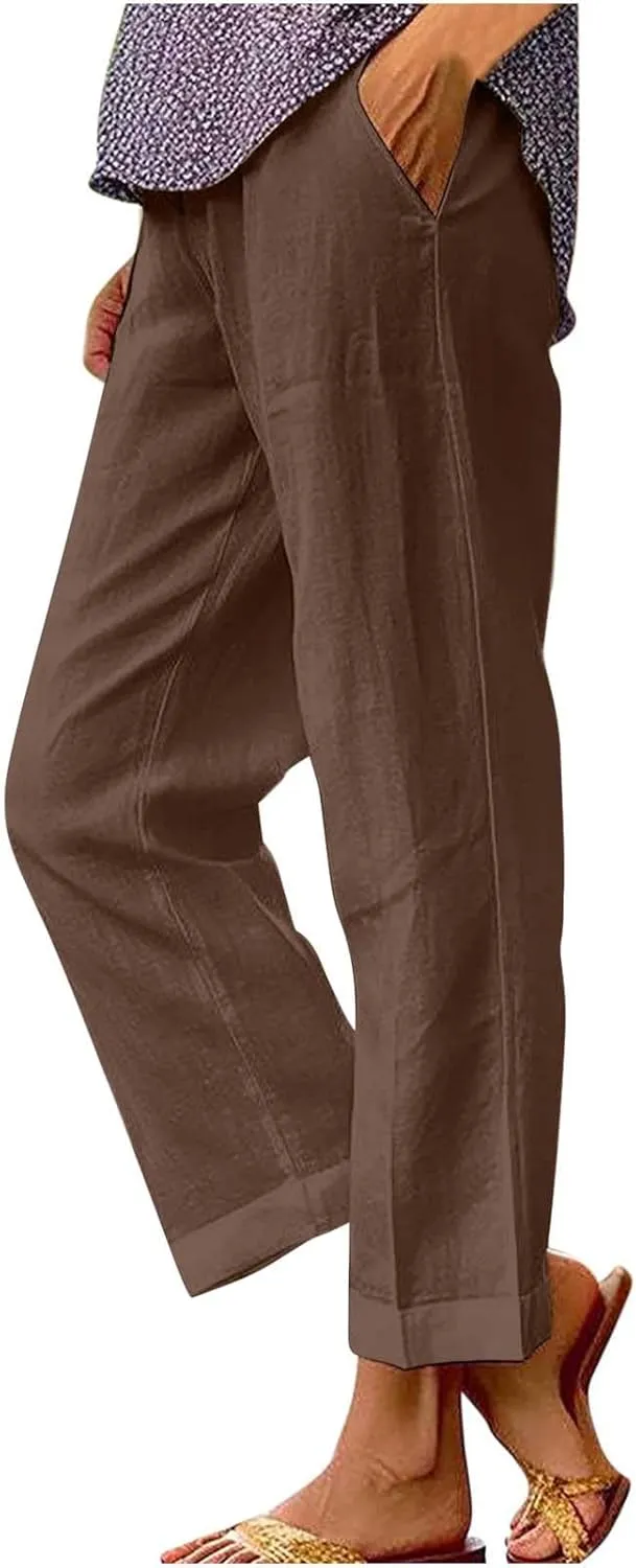 Linen Pants Women Petite,High Waisted Cotton Linen Summer Wide Leg Pants Comfy Soft Trousers 2025