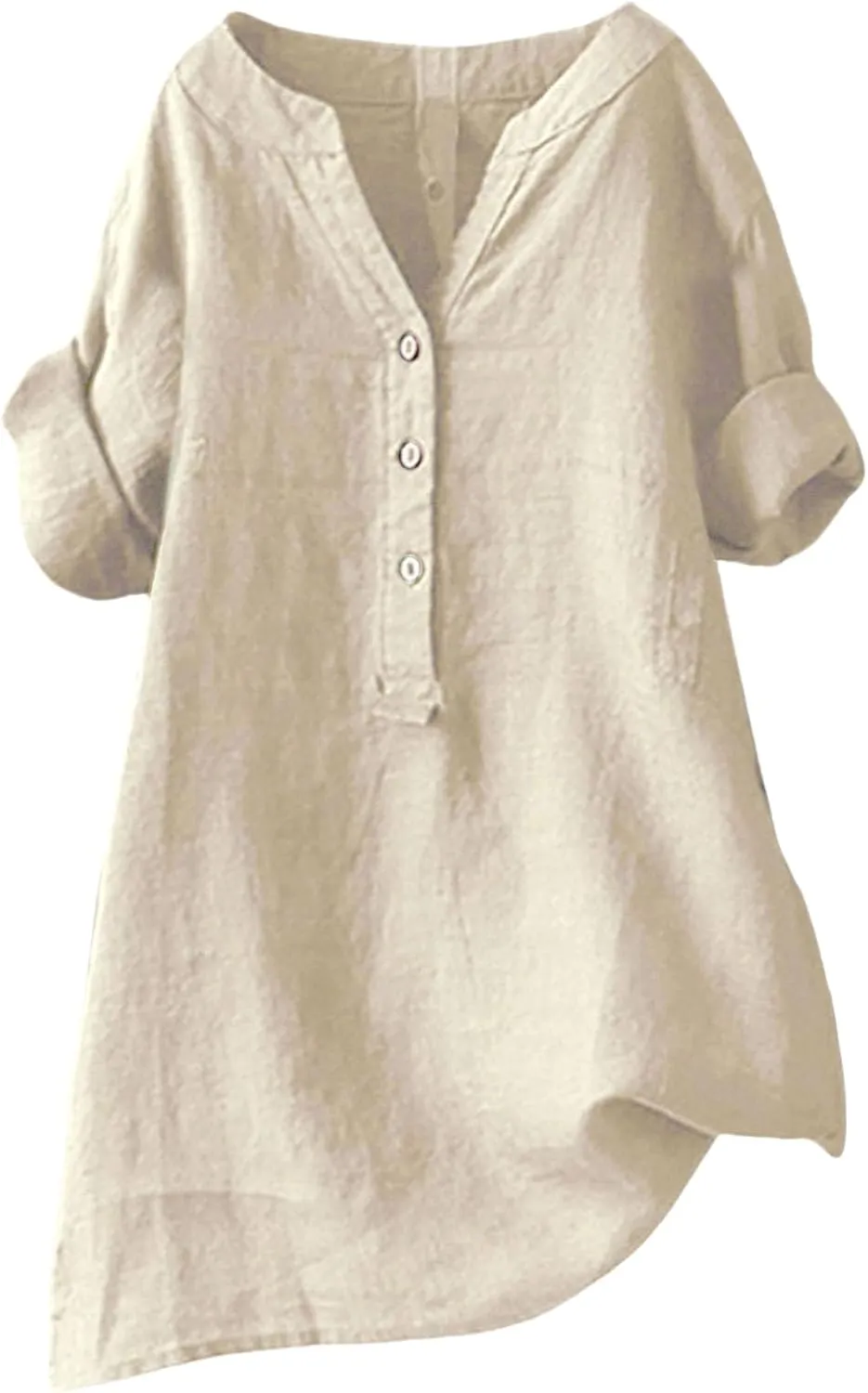 Linen Shirt for Women Short Sleeve V Neck Shirts Loose Fit Button Blouses Casual Solid Color Tops Breathable Summer Tee