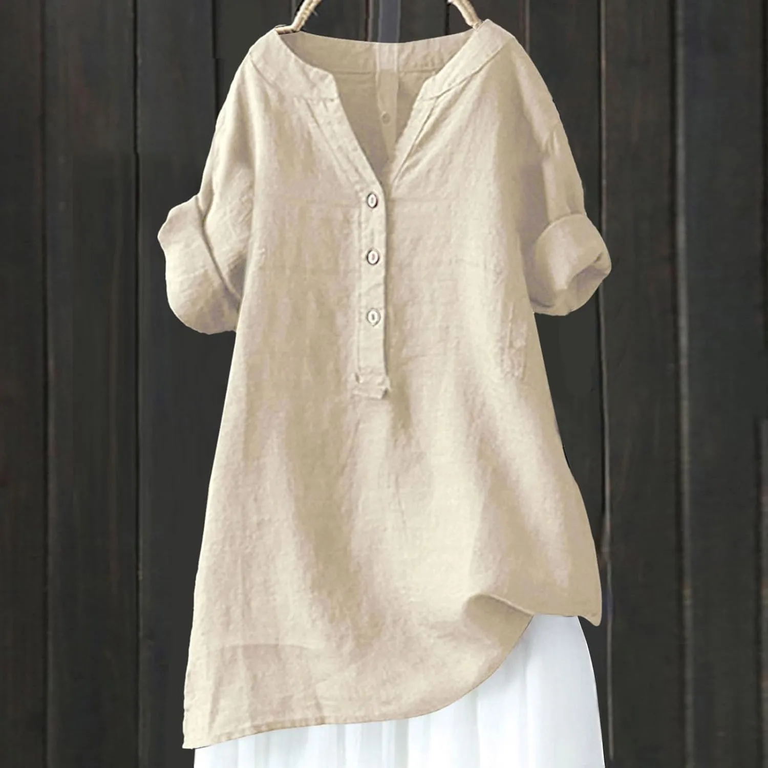 Linen Shirt for Women Short Sleeve V Neck Shirts Loose Fit Button Blouses Casual Solid Color Tops Breathable Summer Tee