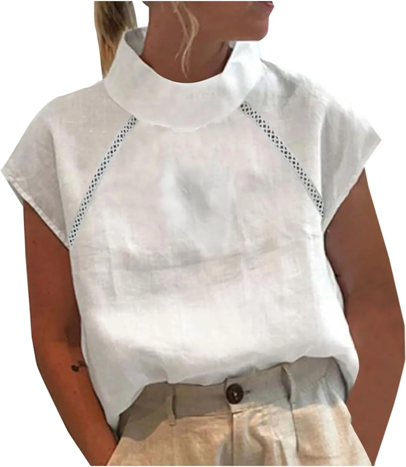 Linen Tank Top Women Summer Turtleneck Sleeveless Breathable Lace Vest Cotton Loose Comfy Casual Solid Shirt Camisole