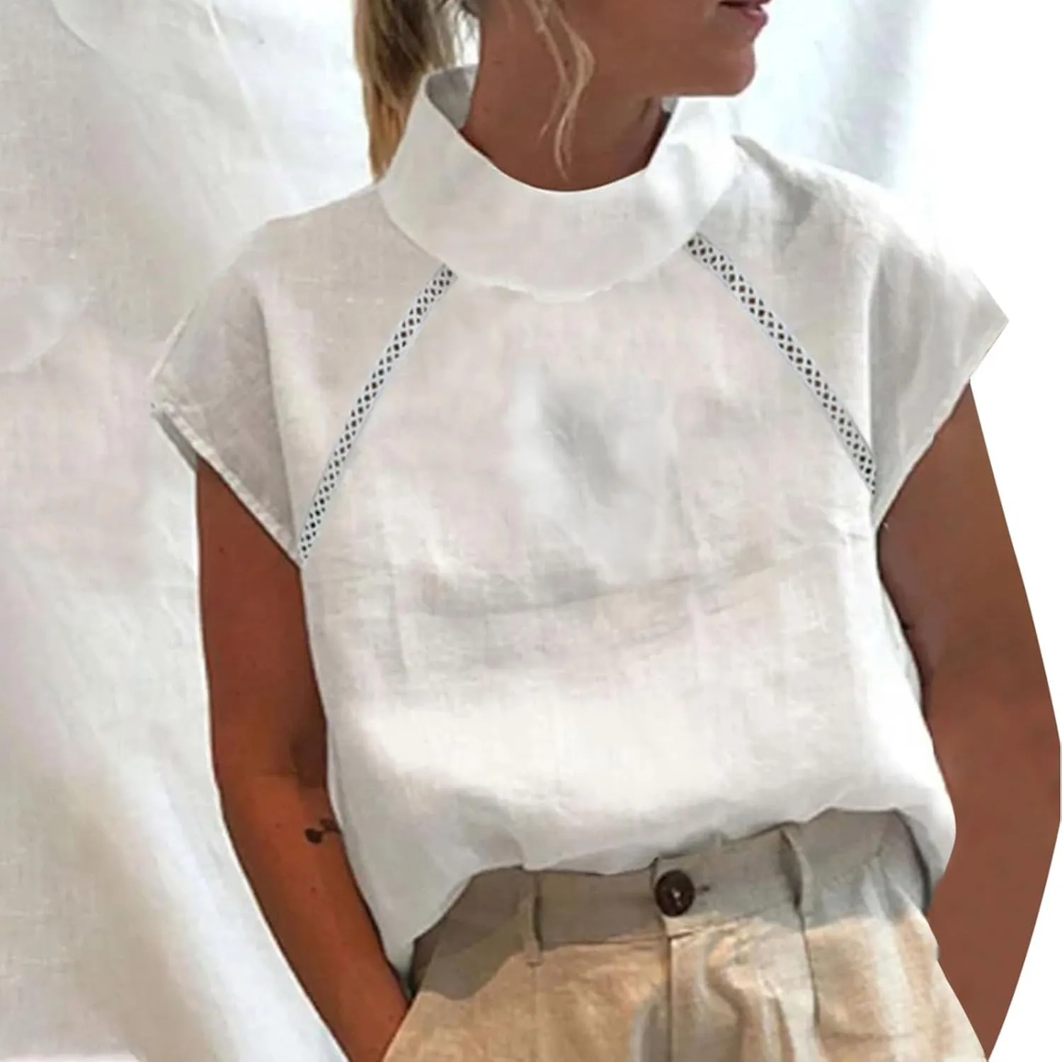Linen Tank Top Women Summer Turtleneck Sleeveless Breathable Lace Vest Cotton Loose Comfy Casual Solid Shirt Camisole