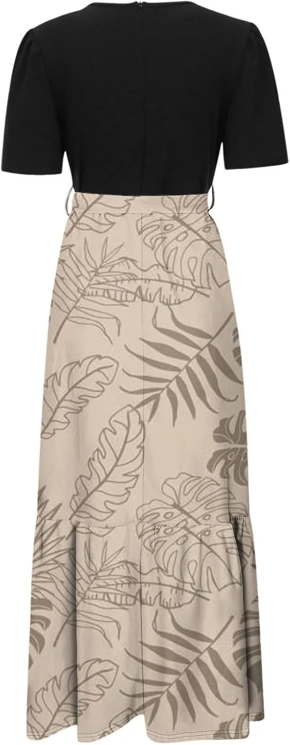 Long Summer Dresses for Womentie Belted Patchwork Ruffle Hem A Line Maxi Dress Crewneck Short Sleeve Vacation Clothes