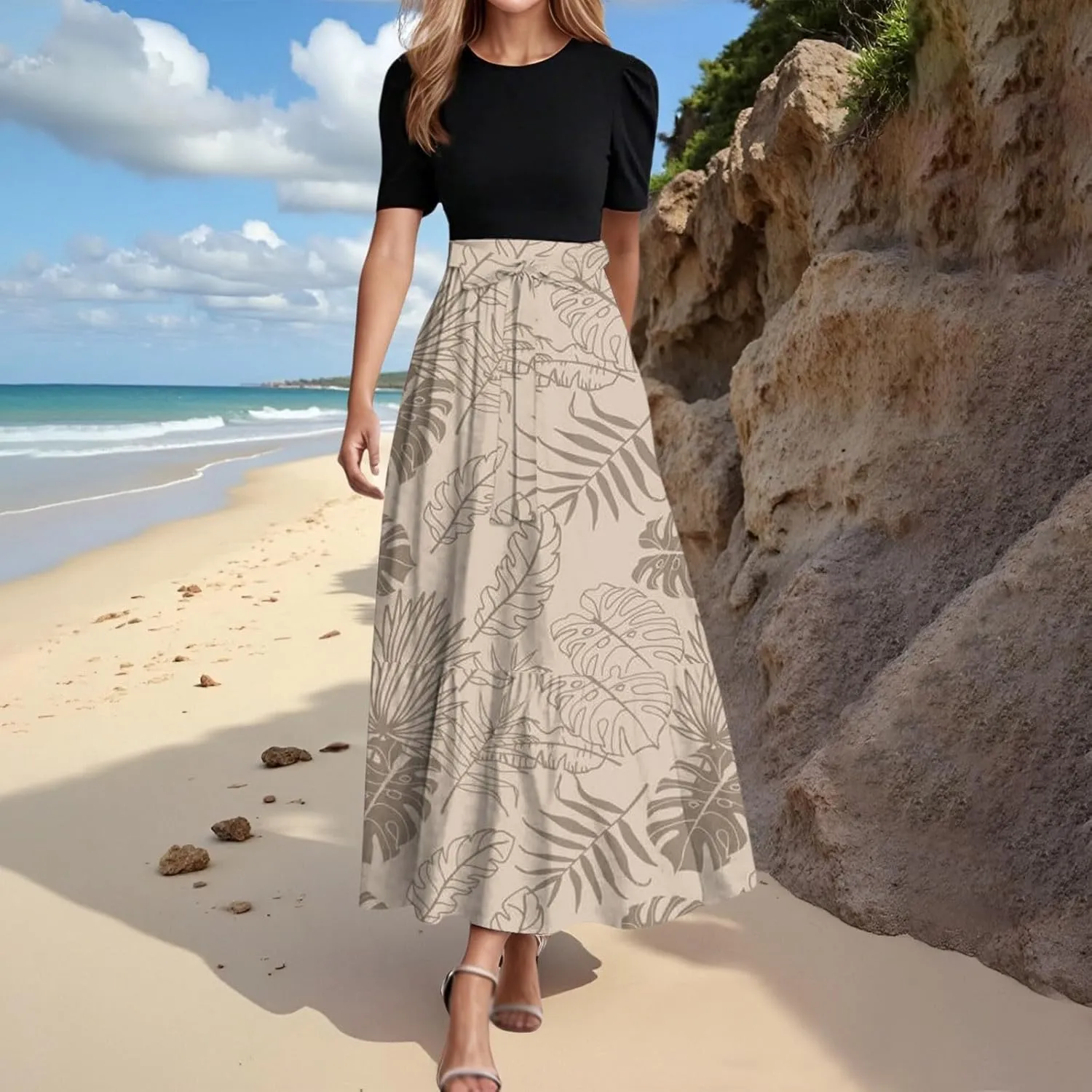 Long Summer Dresses for Womentie Belted Patchwork Ruffle Hem A Line Maxi Dress Crewneck Short Sleeve Vacation Clothes
