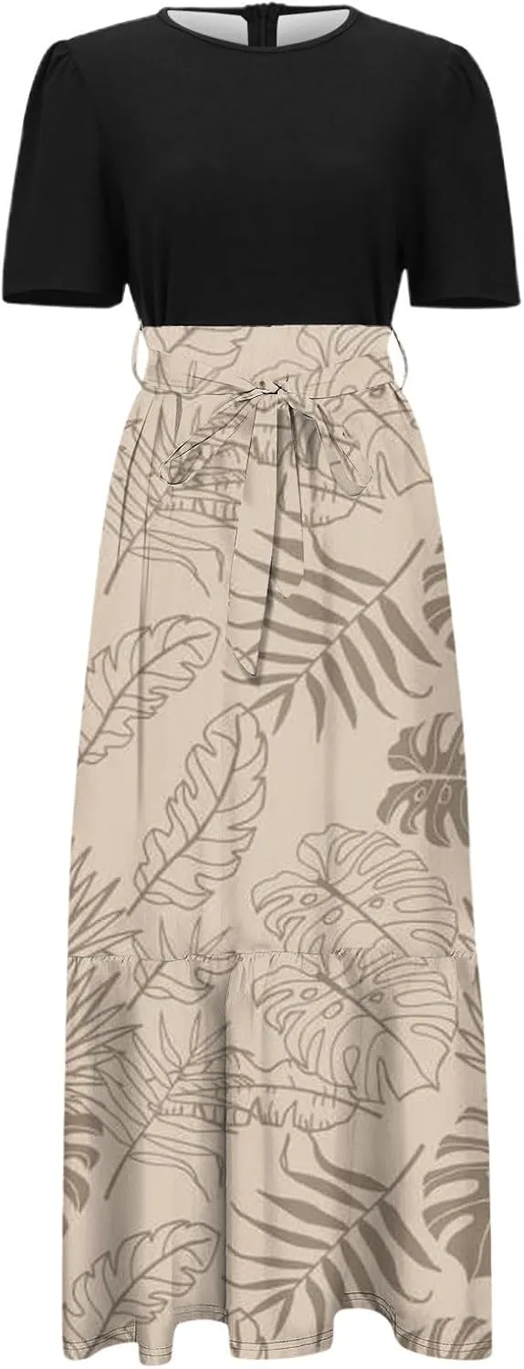 Long Summer Dresses for Womentie Belted Patchwork Ruffle Hem A Line Maxi Dress Crewneck Short Sleeve Vacation Clothes