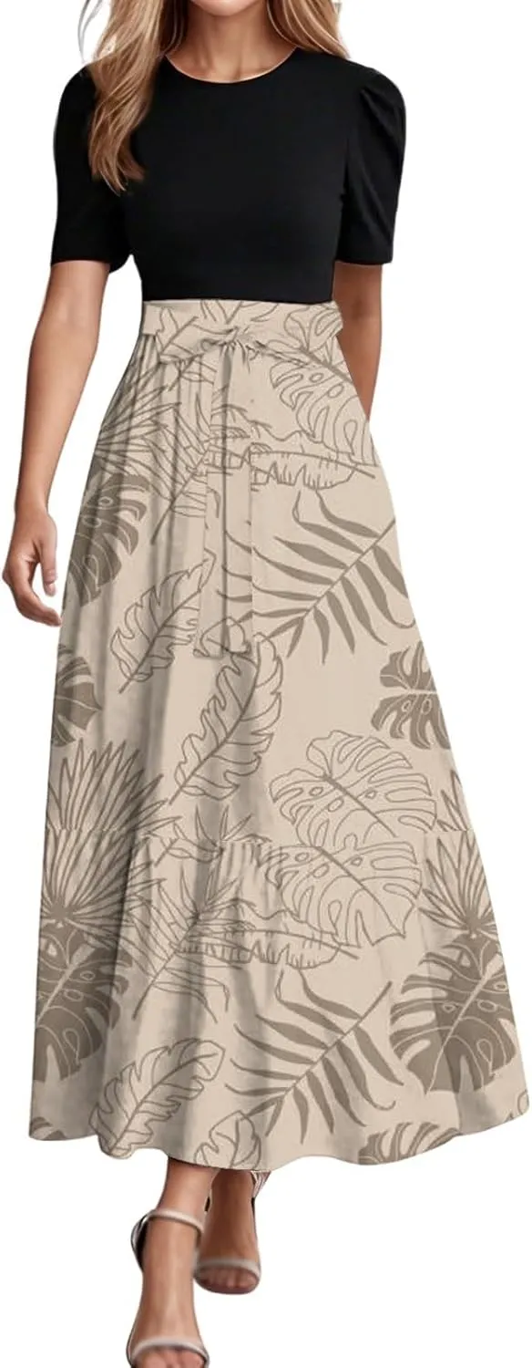 Long Summer Dresses for Womentie Belted Patchwork Ruffle Hem A Line Maxi Dress Crewneck Short Sleeve Vacation Clothes
