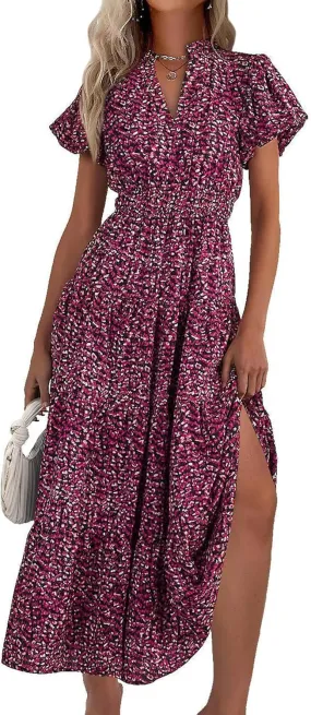 MASCOMODA Summer Maxi Dresses for Women 2025 Casual V Neck Puff Short Sleeve Smocked Flowy Beach Boho Long Floral Dress