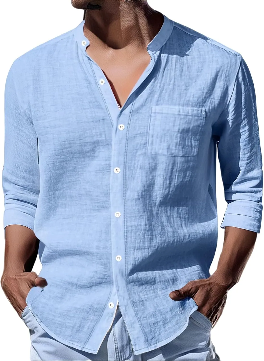 Men's Linen Shirts Long Sleeve Casual T-Shirt Stand Collar Breathable Top Summer Beach Shirt for Men