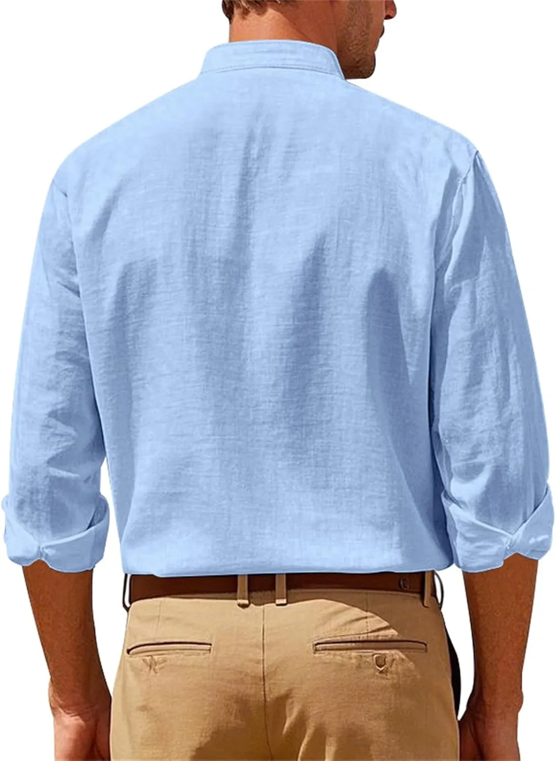 Men's Linen Shirts Long Sleeve Casual T-Shirt Stand Collar Breathable Top Summer Beach Shirt for Men