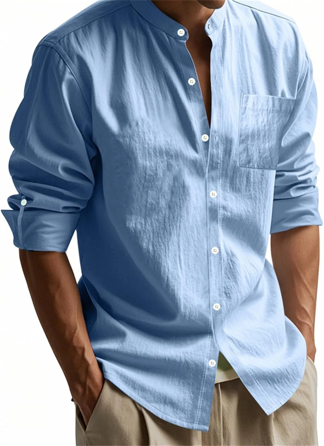 Men's Linen Shirts Long Sleeve Casual T-Shirt Stand Collar Breathable Top Summer Beach Shirt for Men