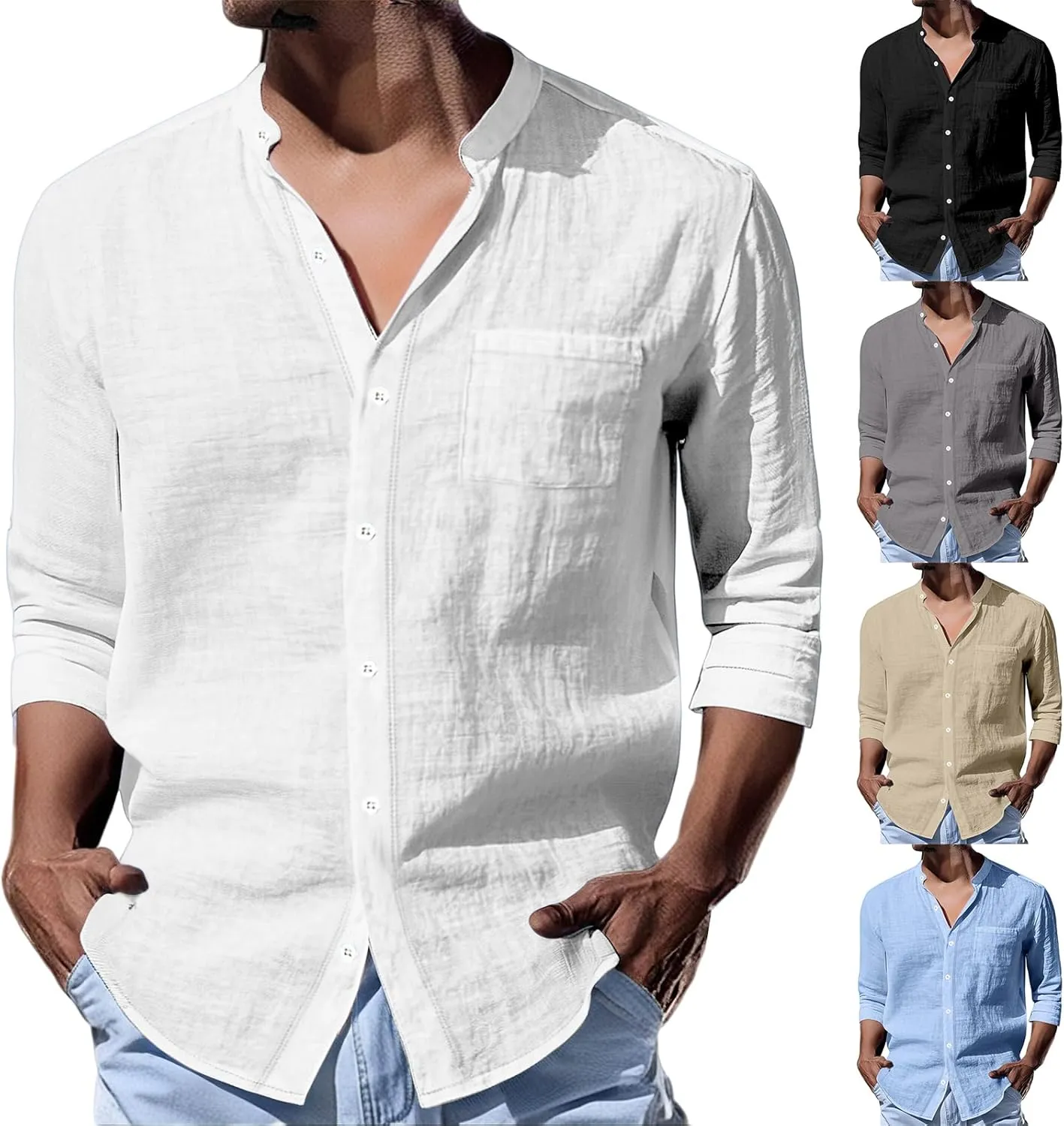 Men's Linen Shirts Long Sleeve Casual T-Shirt Stand Collar Breathable Top Summer Beach Shirt for Men