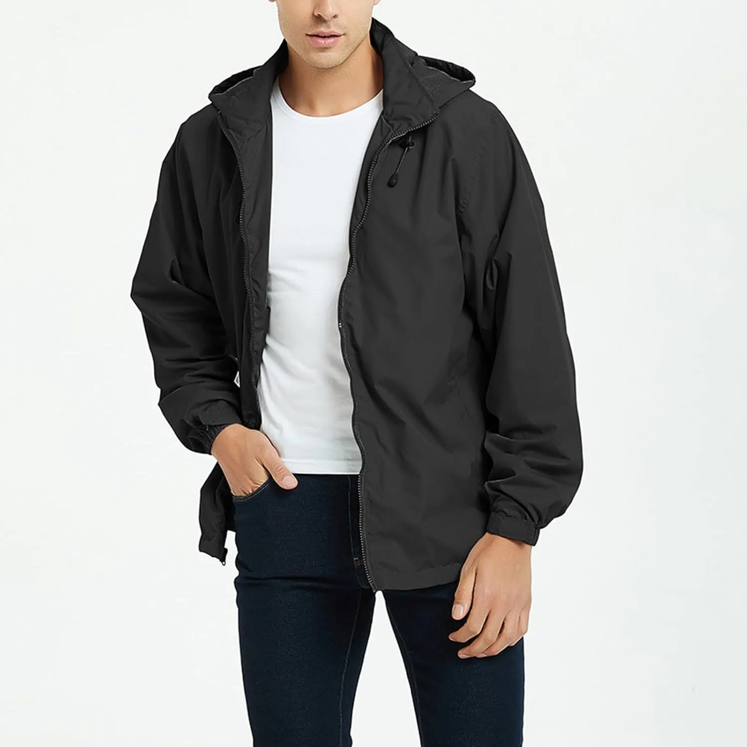 Mens Rain Jacket Mesh Breathable Lightweight Raincoat Waterproof with Removable Hood Windbreaker Travel Hiking Jacket