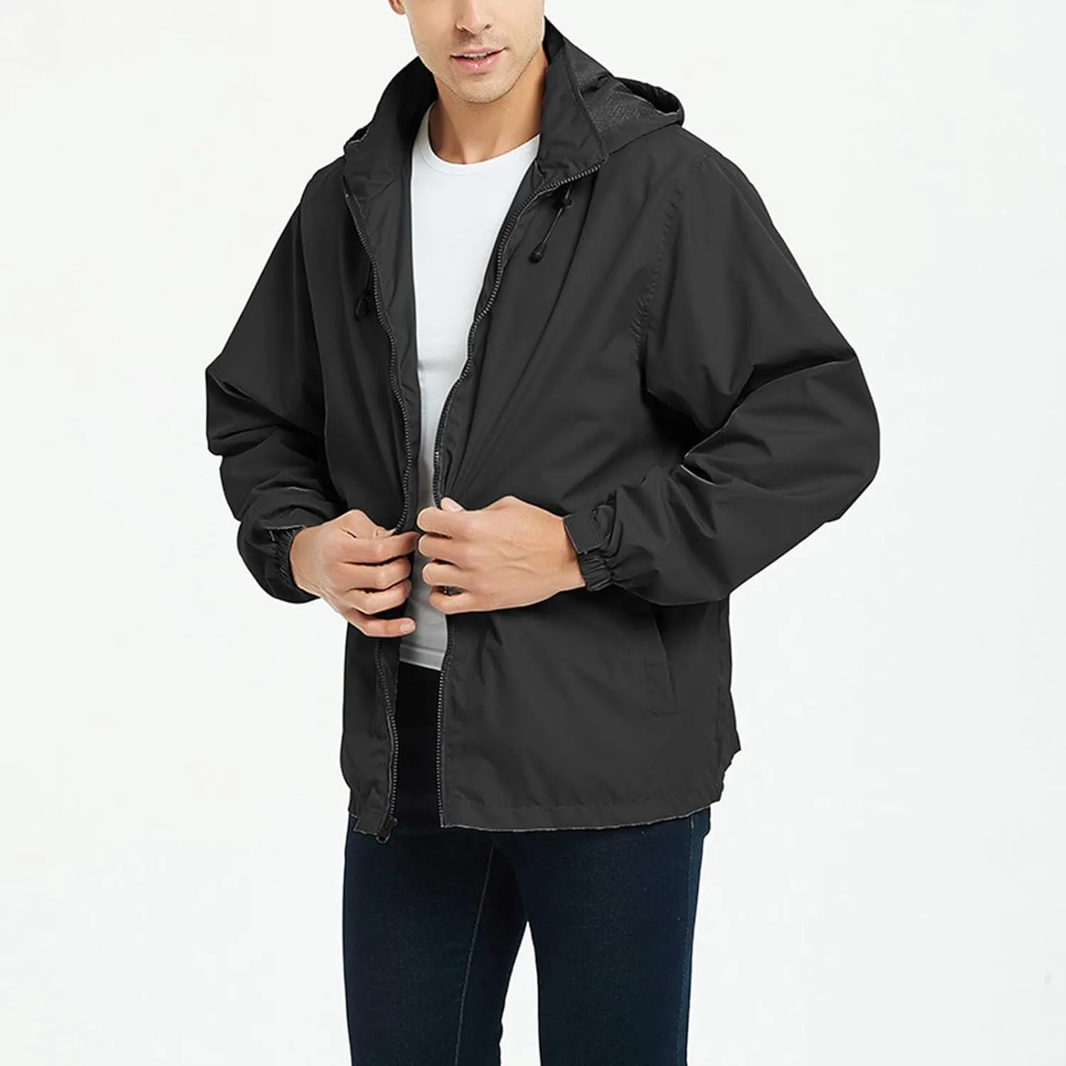 Mens Rain Jacket Mesh Breathable Lightweight Raincoat Waterproof with Removable Hood Windbreaker Travel Hiking Jacket