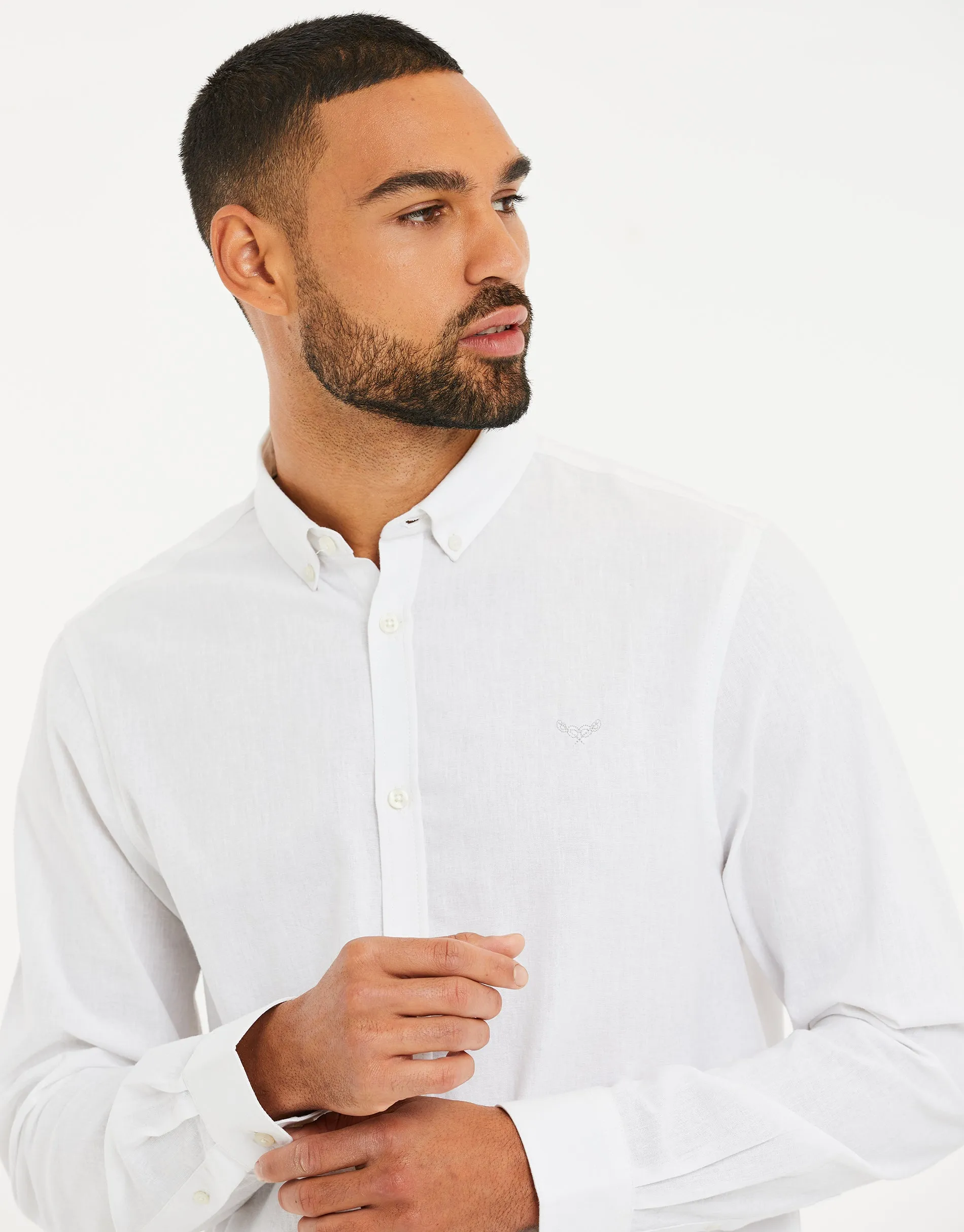 Men's White Long Sleeve Linen Blend Shirt
