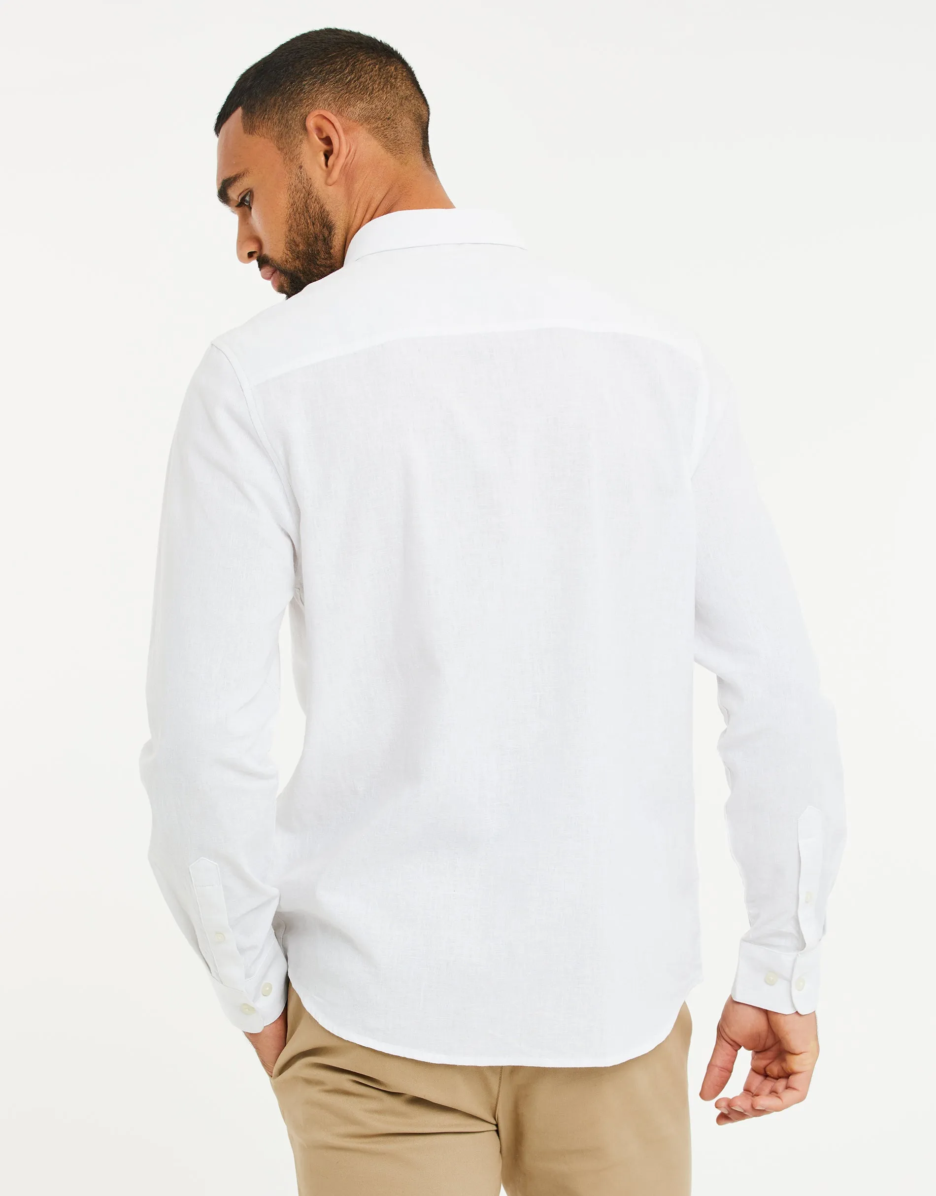 Men's White Long Sleeve Linen Blend Shirt