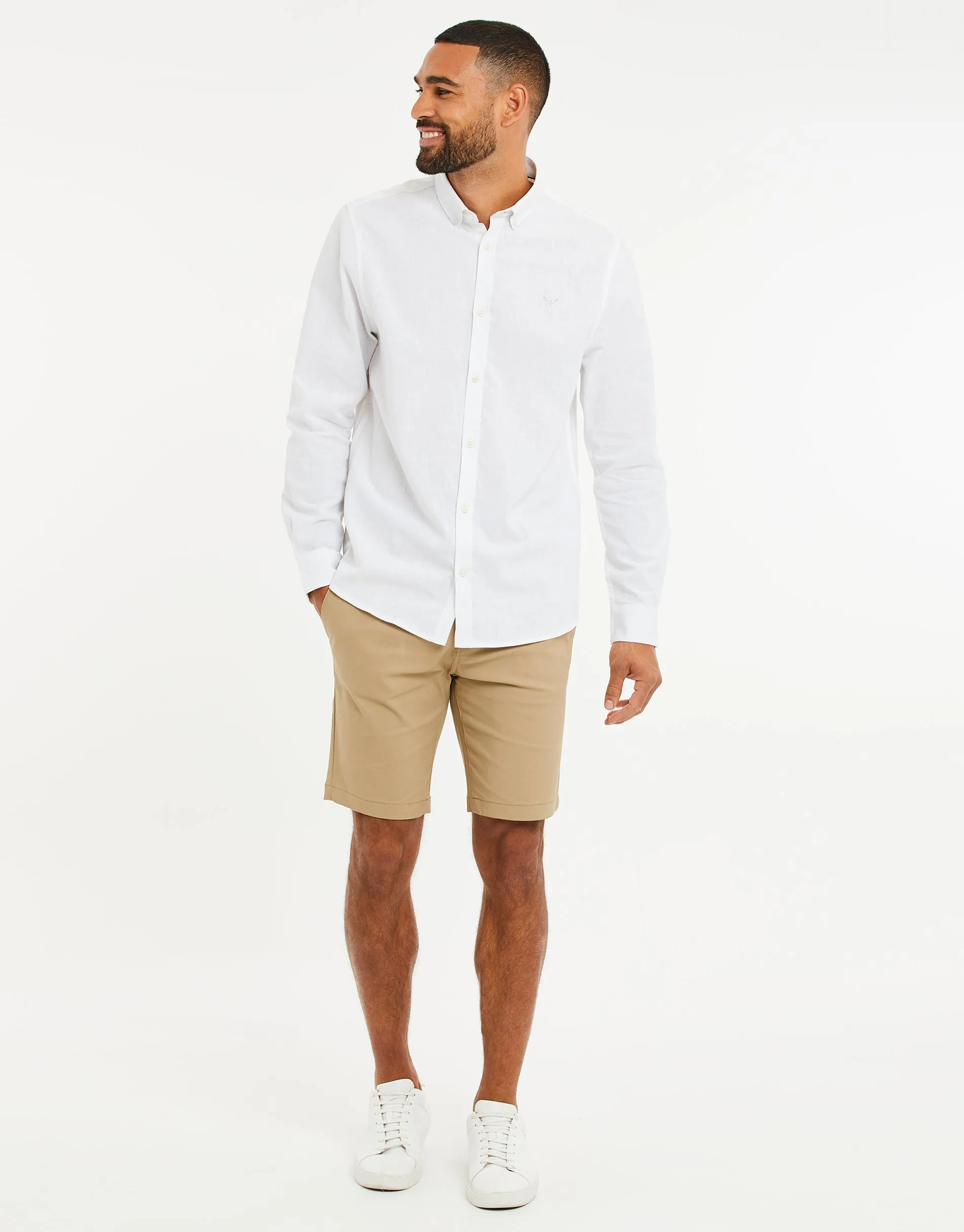 Men's White Long Sleeve Linen Blend Shirt