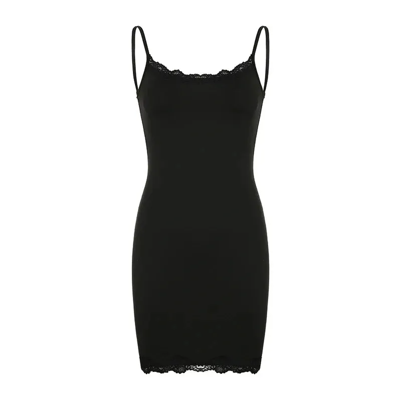 Metaversmall Spaghetti Strap Fitness Sexy Summer Dress Ladies Lace Trim Solid Basic Casual Party Mini Dresses Fashion Sundress New