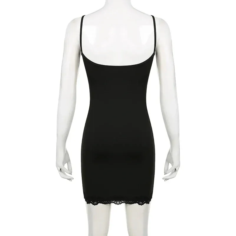 Metaversmall Spaghetti Strap Fitness Sexy Summer Dress Ladies Lace Trim Solid Basic Casual Party Mini Dresses Fashion Sundress New