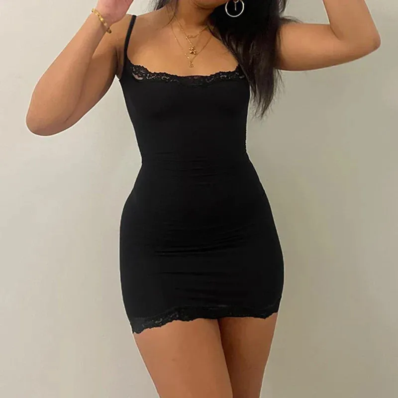 Metaversmall Spaghetti Strap Fitness Sexy Summer Dress Ladies Lace Trim Solid Basic Casual Party Mini Dresses Fashion Sundress New