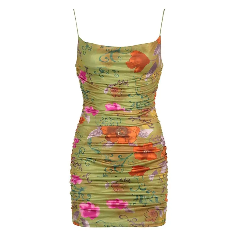 Metaversmall Spaghetti Strap Vintage Flowers Printing Skinny Summer Dress Folds Sundress Fashion Beach Holidays Mini Dress Female