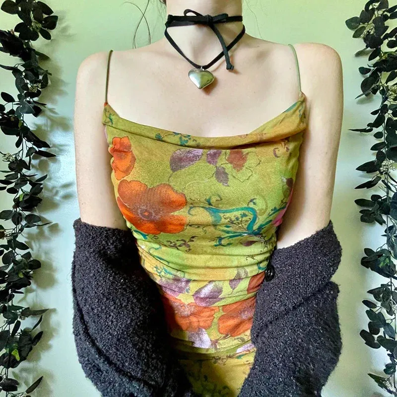 Metaversmall Spaghetti Strap Vintage Flowers Printing Skinny Summer Dress Folds Sundress Fashion Beach Holidays Mini Dress Female
