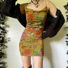 Metaversmall Spaghetti Strap Vintage Flowers Printing Skinny Summer Dress Folds Sundress Fashion Beach Holidays Mini Dress Female