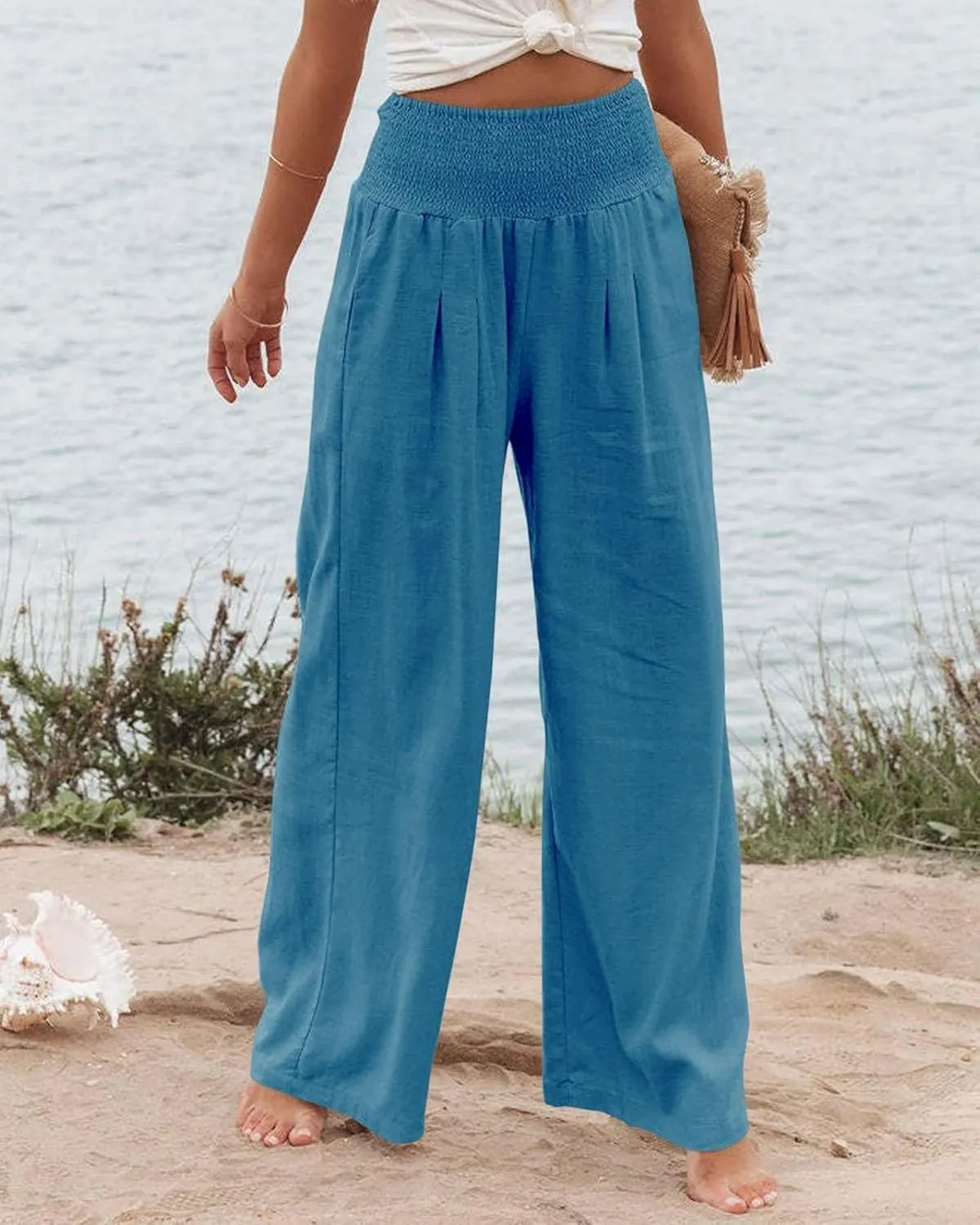 Mmoneyake Women's Linen Palazzo Pants Casual High Waist Wide Leg Flowy Pants Summer Loose Lounge Beach Trousers with Pockets