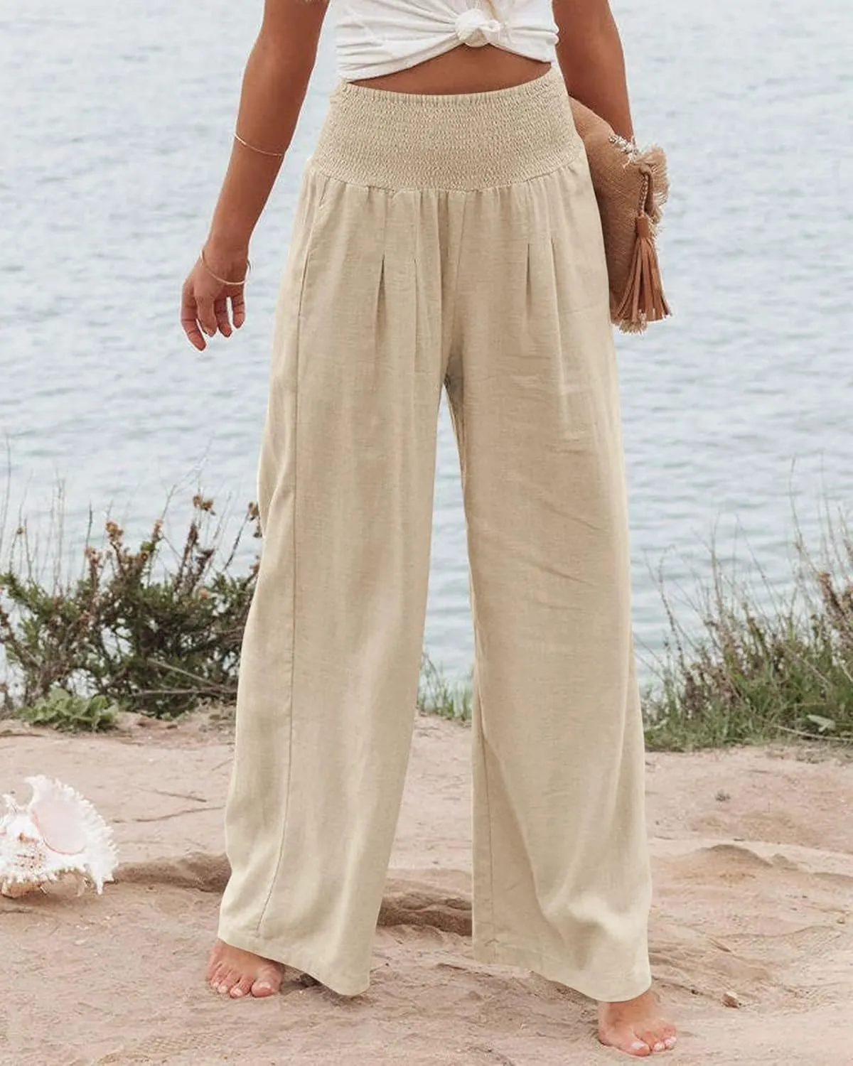 Mmoneyake Women's Linen Palazzo Pants Casual High Waist Wide Leg Flowy Pants Summer Loose Lounge Beach Trousers with Pockets