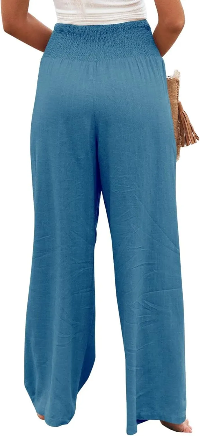Mmoneyake Women's Linen Palazzo Pants Casual High Waist Wide Leg Flowy Pants Summer Loose Lounge Beach Trousers with Pockets
